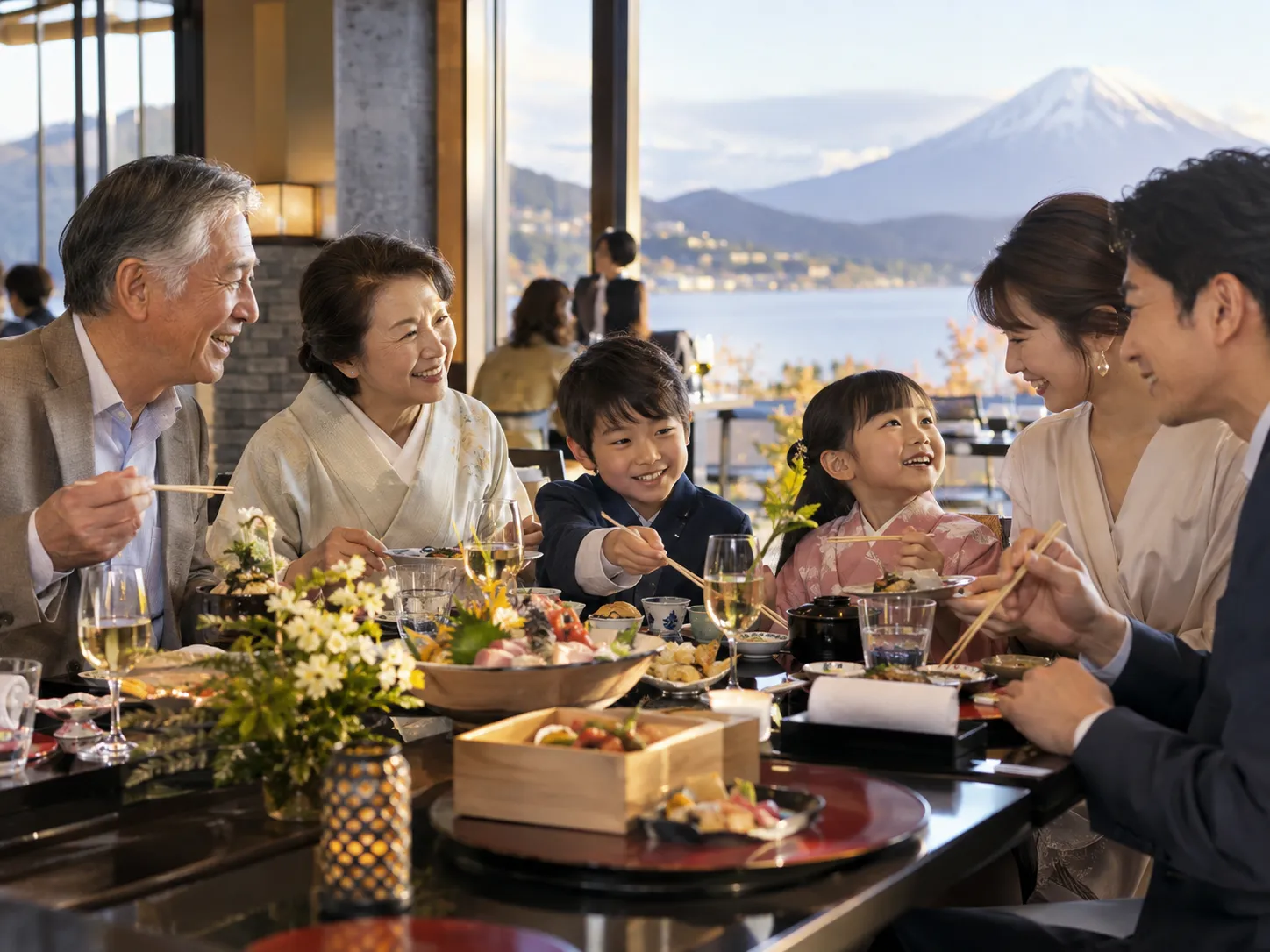 子どもや孫たちと食卓を囲む家族。
